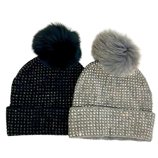 Crystal Beanie With Fox Fur Pom