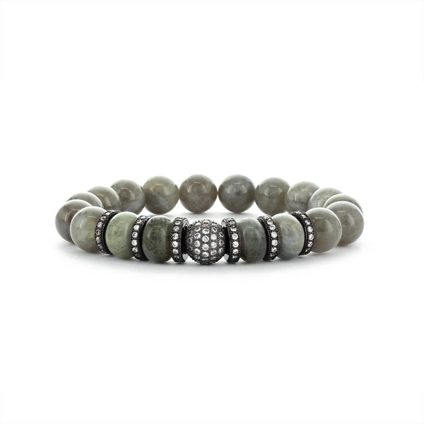 Labradorite Beaded Stretch Bracelet with 6 Hematite CZ Rings and a Sphere