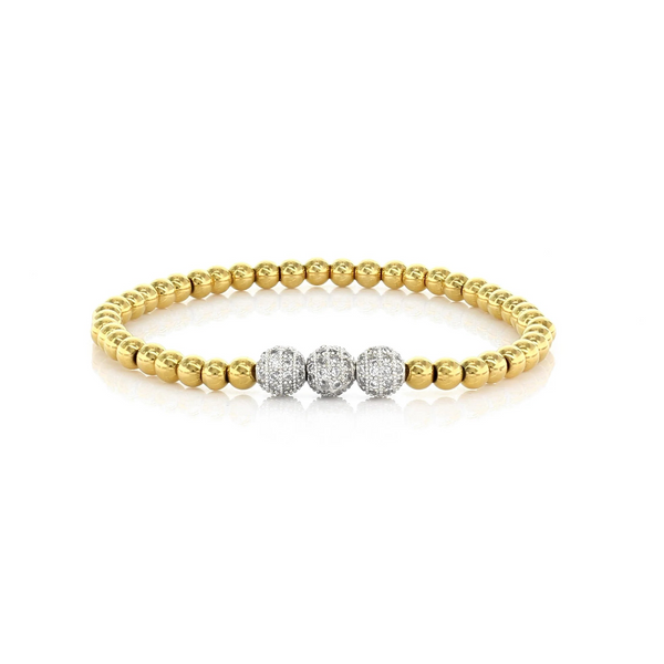 Gold Stretch Beaded Bracelet with Triple Silver CZ Pave Spheres