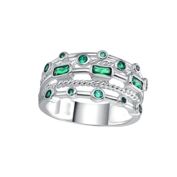 5 Row Emerald Green and Sterling Silver Ring
