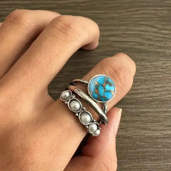 Turquoise and Pearl 3 Layer Ring
