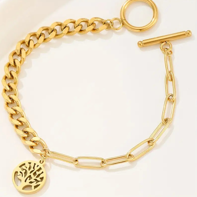 Mixed Chain Gold Bracelet with Tree of Life Charm