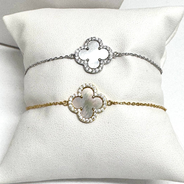 Single Mother of Pearl and CZ Clover Bracelet