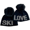 Love And Ski Beanies With Crystals And Fox Pom