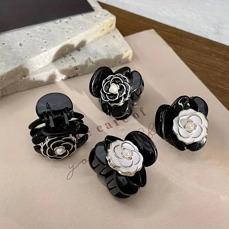 Enamel and Pearl Flower Hair Clips