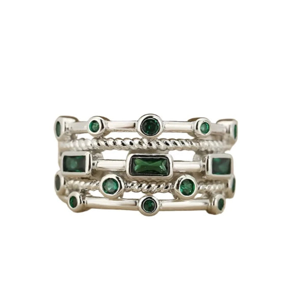 5 Row Emerald Green and Sterling Silver Ring