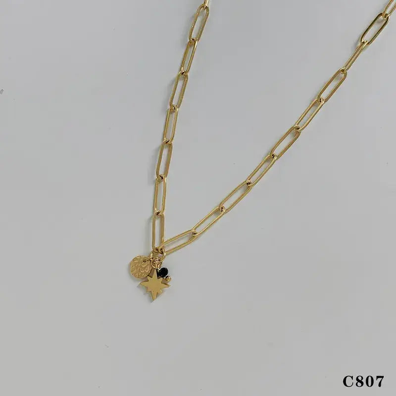 Gold Paperclip Necklace with Pednant Charms