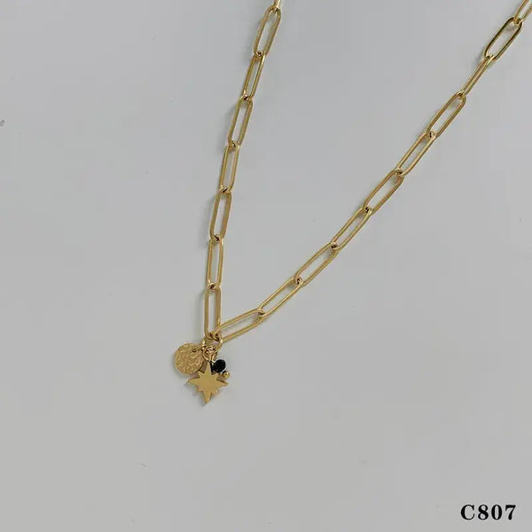 Gold Paperclip Necklace with Pednant Charms