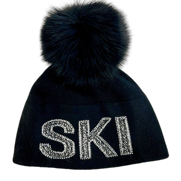 Love And Ski Beanies With Crystals And Fox Pom