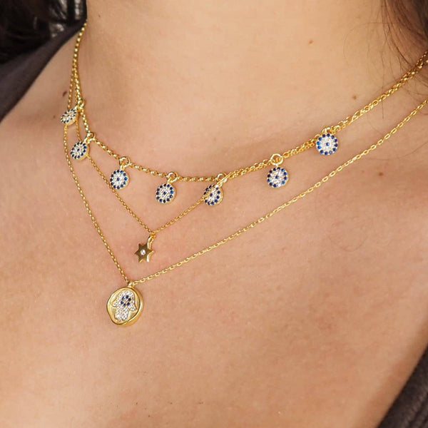 CZ And Sapphire Hamsa Gold Disc Necklace