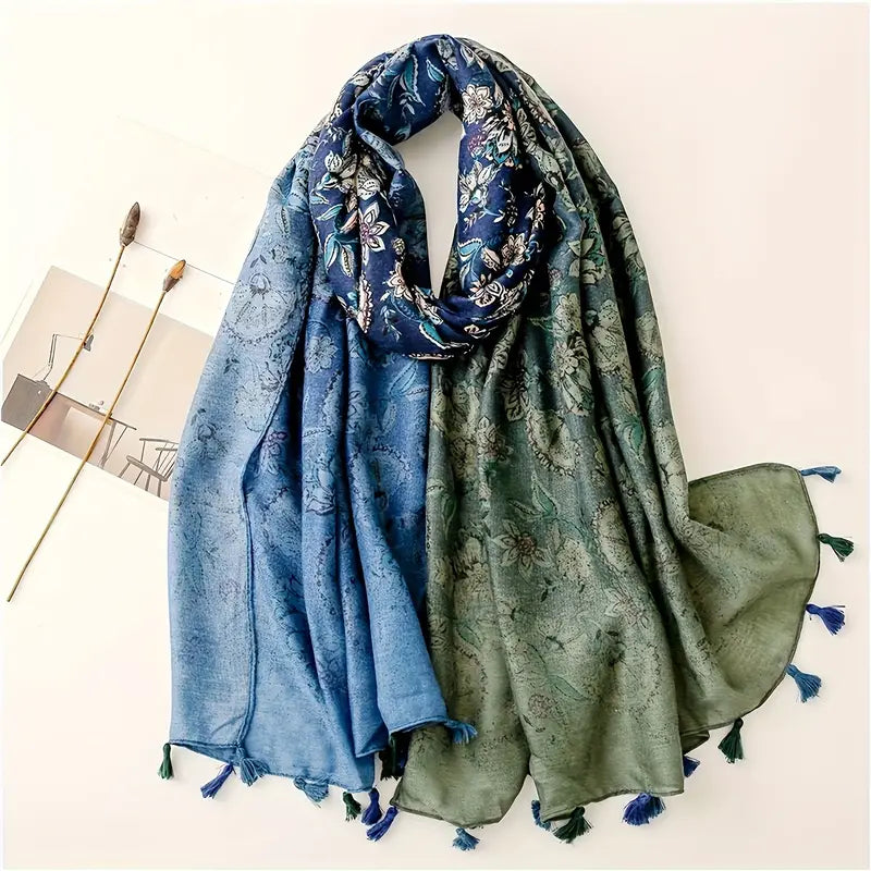 Geometric and Floral Scarf With Tassels