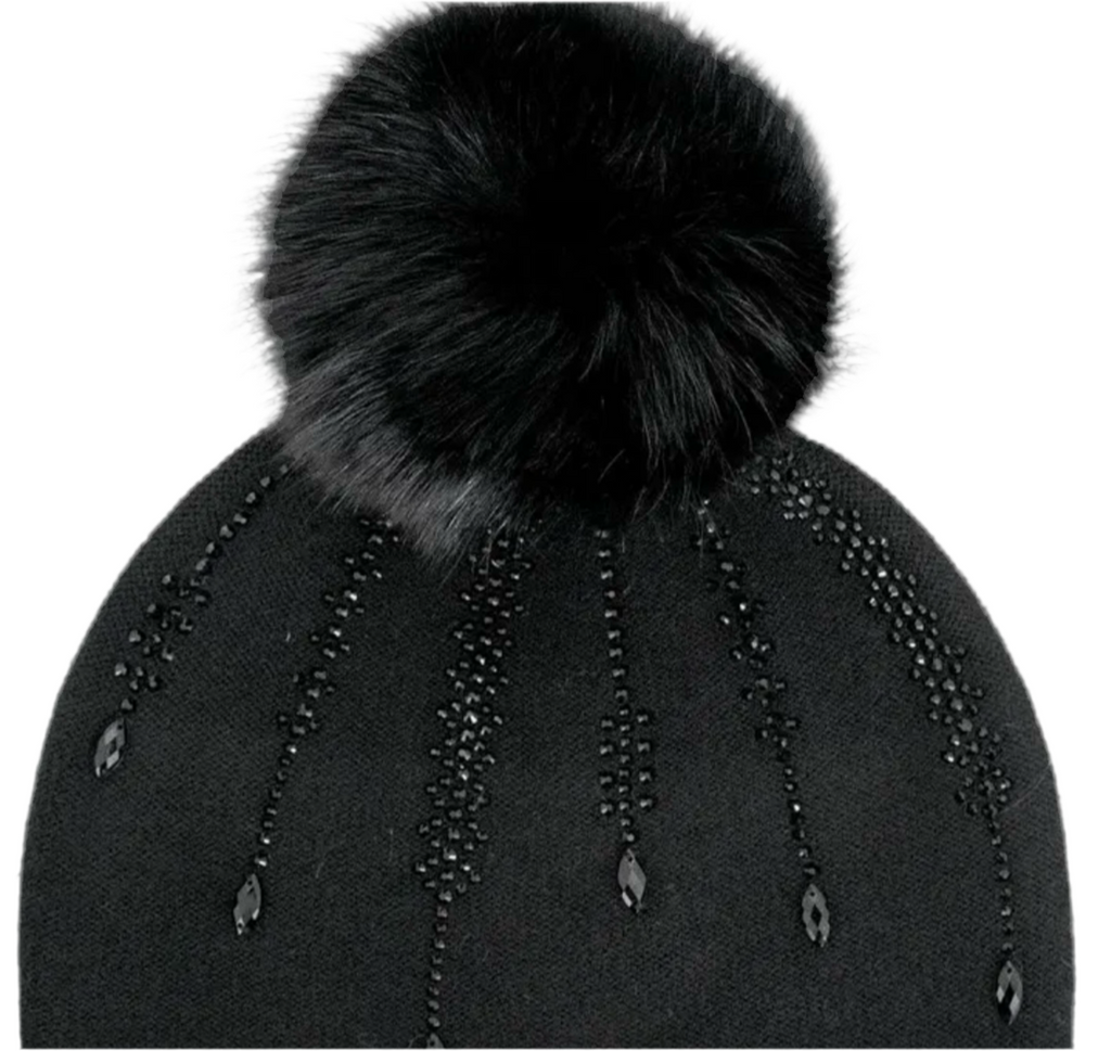 Black Knit Beanie With Beading And Fox Fur Pom