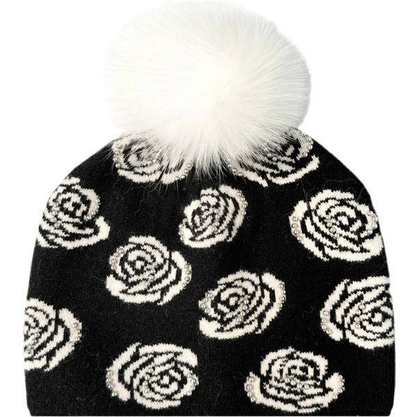 Mix Knit Hat With Rose Pattern And Studs