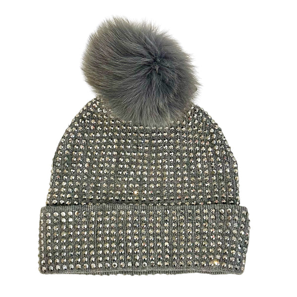 Crystal Beanie With Fox Fur Pom