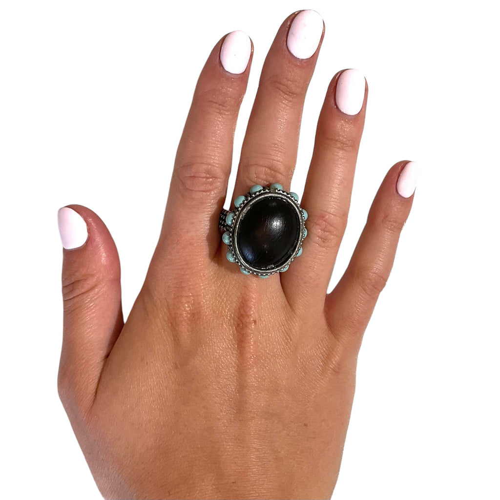 Black Oval Ring With Turquoise Studs