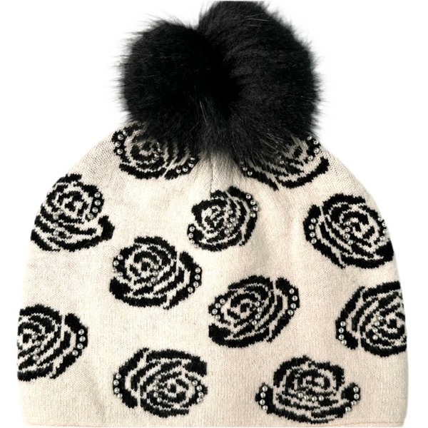 Mix Knit Hat With Rose Pattern And Studs