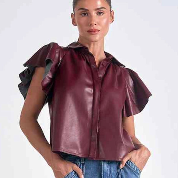 Flutter Sleeve Vegan Leather Top