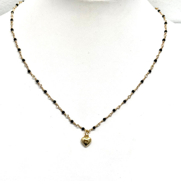 Onyx Bead Chain Necklace With Puffy Heart Charm