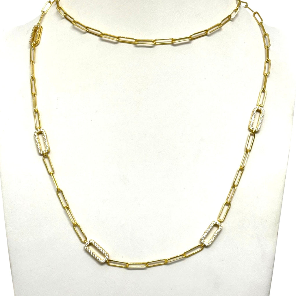 Gold Textured Paperclip Necklace With Pave Rectangles