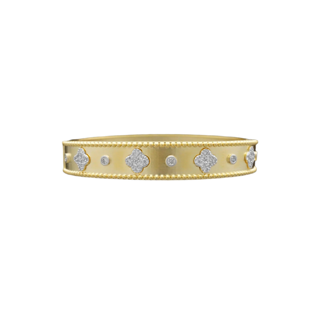 Wide Matte Gold Bangle with CZ Flowers