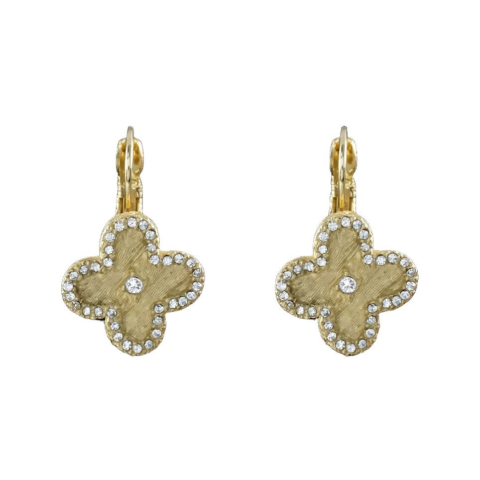 CZ Framed Brushed Gold Clover Earrings