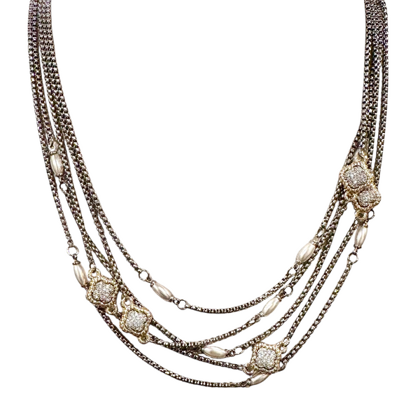 Rhodium Plated Pave Clover And Pearl Multi-Row Necklace