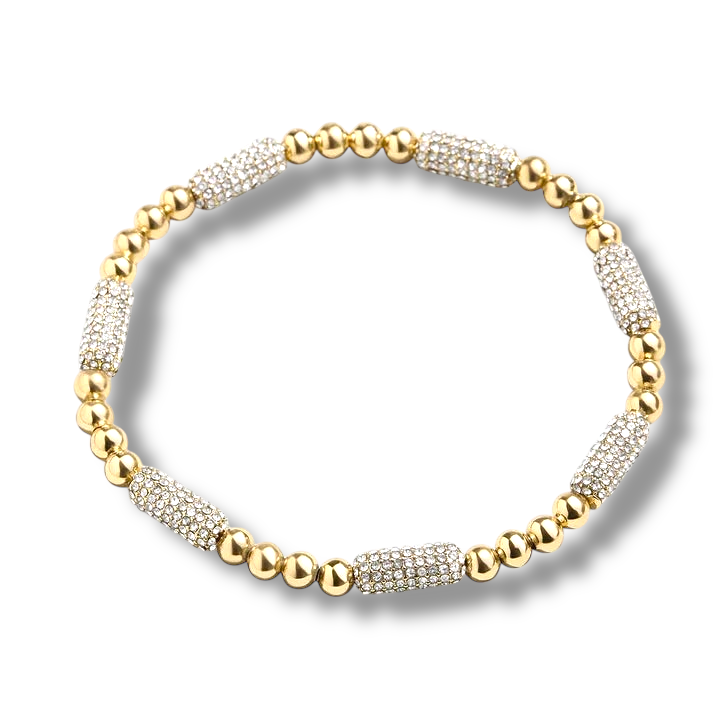 Gold and Pave Barrel Stretch Beaded Bracelet