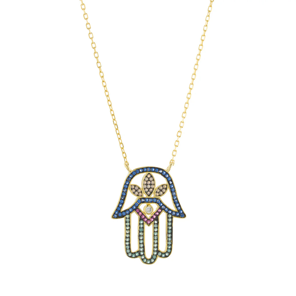 Multicolor CZ Hamsa Charm Necklace