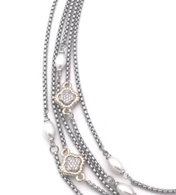 Pave Clover And  Pearl 5 Row Necklace