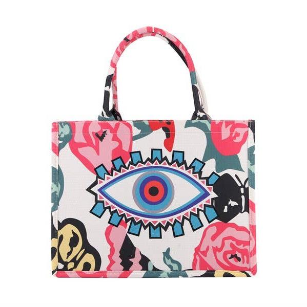 Evil Eye and Floral Canvas  Tote