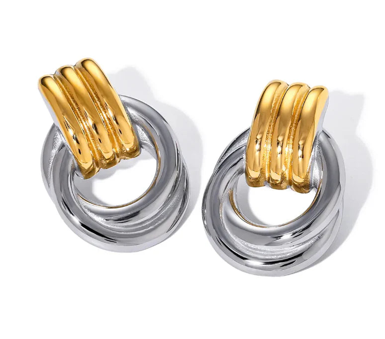 Double Knotted Door Knocker Two Tone Earrings