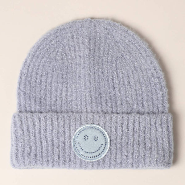 Happy Face Crystal Patch Ribbed Cuff Beanie