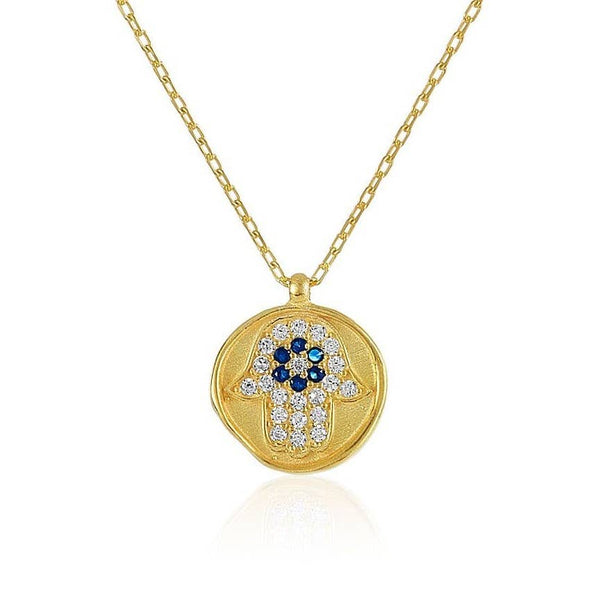 CZ And Sapphire Hamsa Gold Disc Necklace