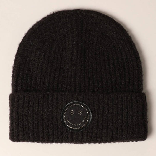 Happy Face Crystal Patch Ribbed Cuff Beanie