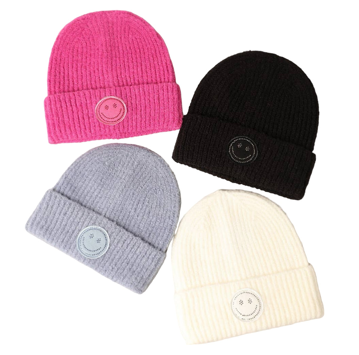 Happy Face Crystal Patch Ribbed Cuff Beanie