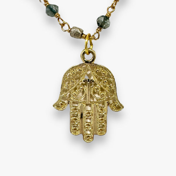 Hand Wired Delicate Hamsa Topaz And Gold Necklace