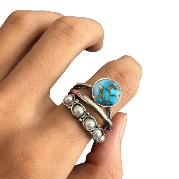 Turquoise And Pearl Three Layer Ring