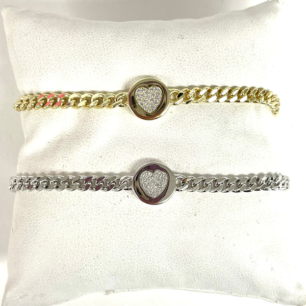 Sterling Or Gold Filled Pave Heart Disc Chain Bracelet