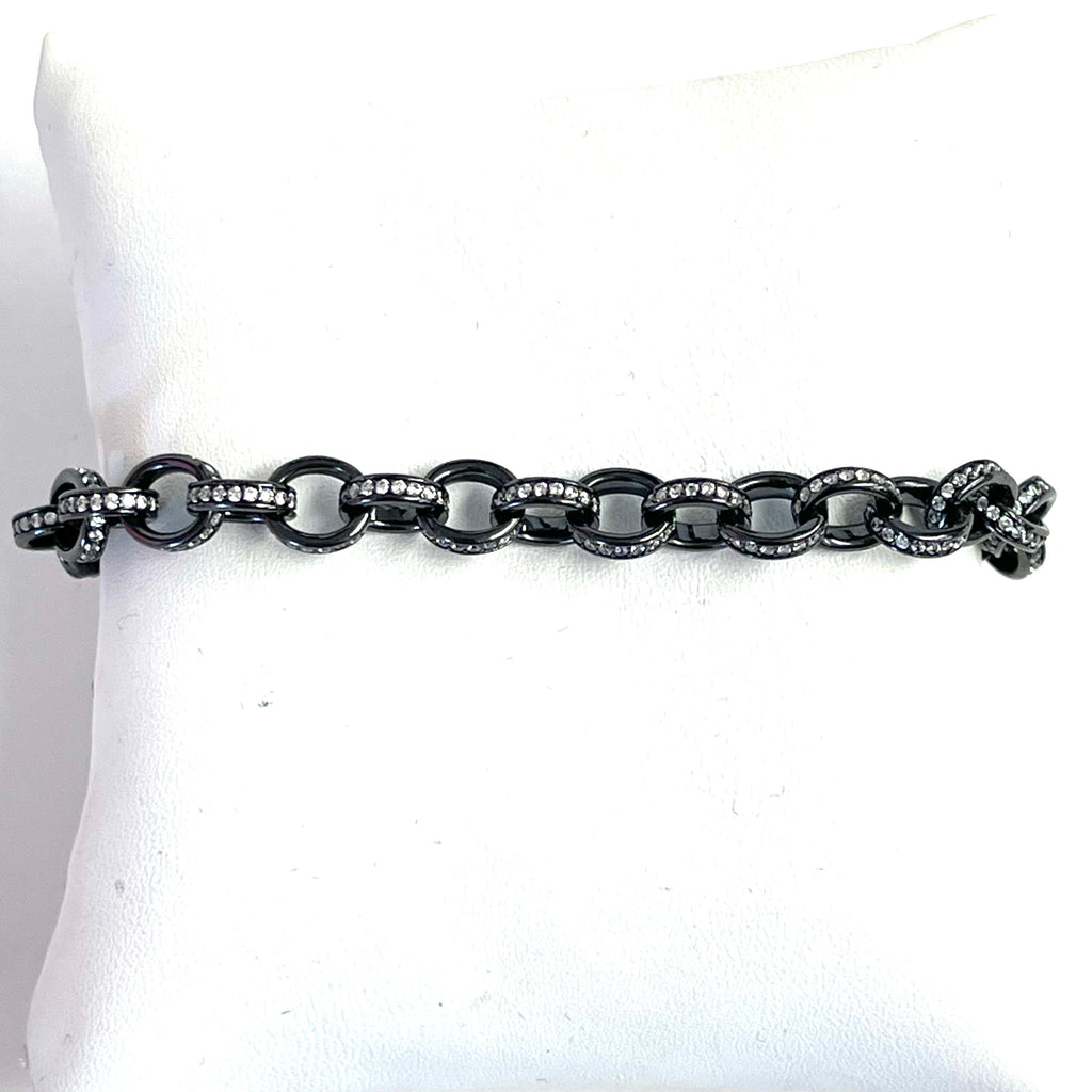 Sterling Silver Hematite & Cz Circle Link Bracelet