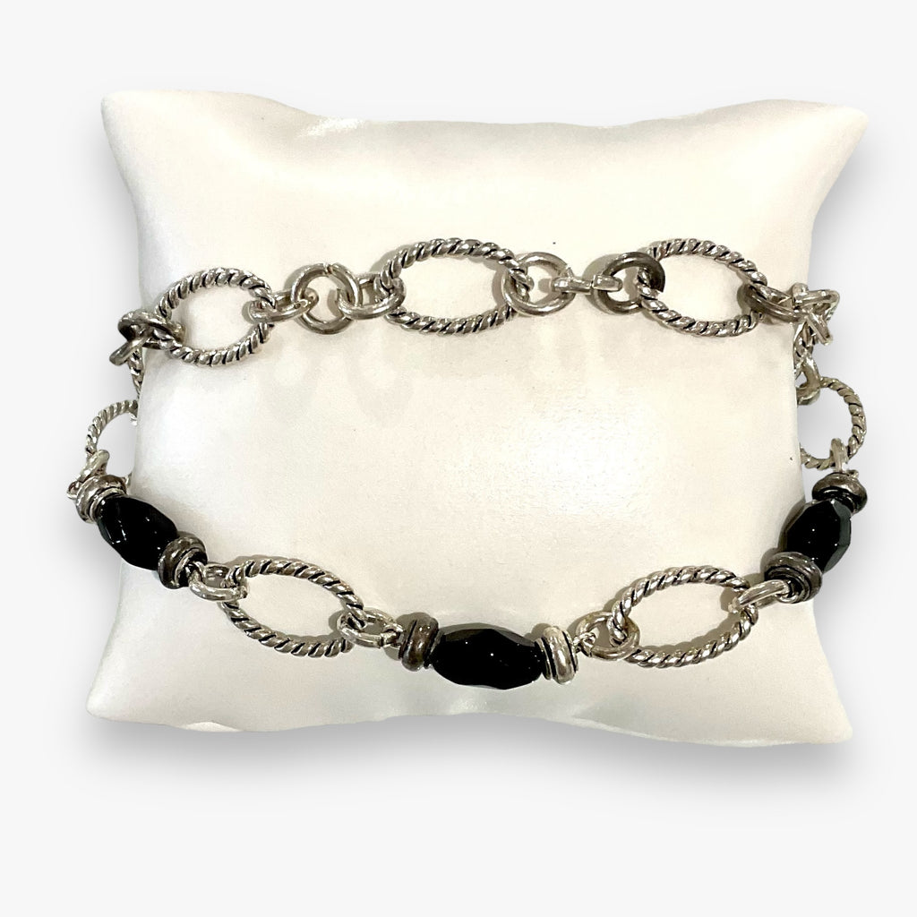 Black Bead Rope Chain With Etched Paperclip Bracelet