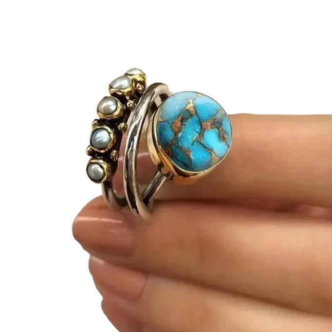 Turquoise And Pearl Three Layer Ring