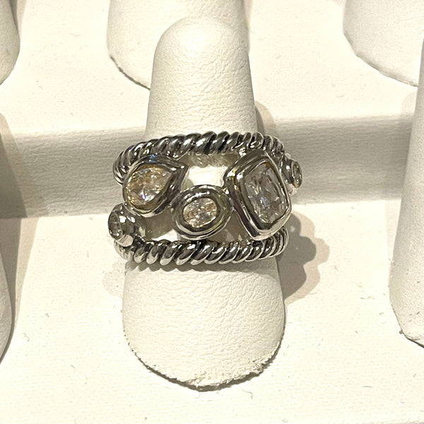 Silver CZ Shapes Braided Ring