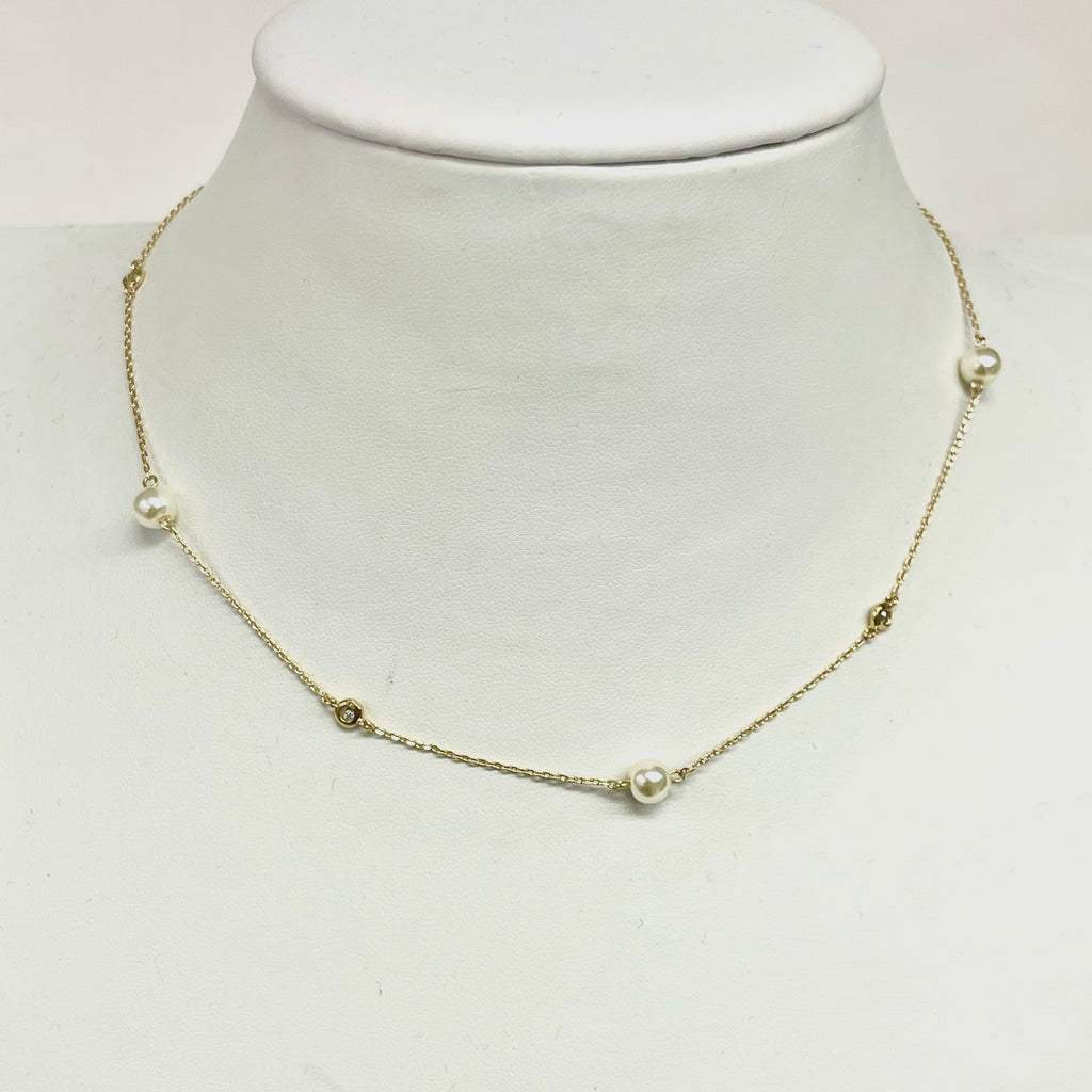 Pearl And CZ Bezel Gold Necklace