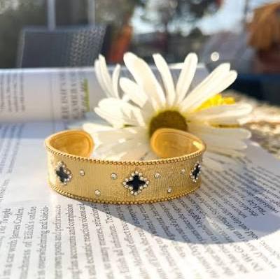 Matte Gold Cuff Bangle Bracelet with Clovers