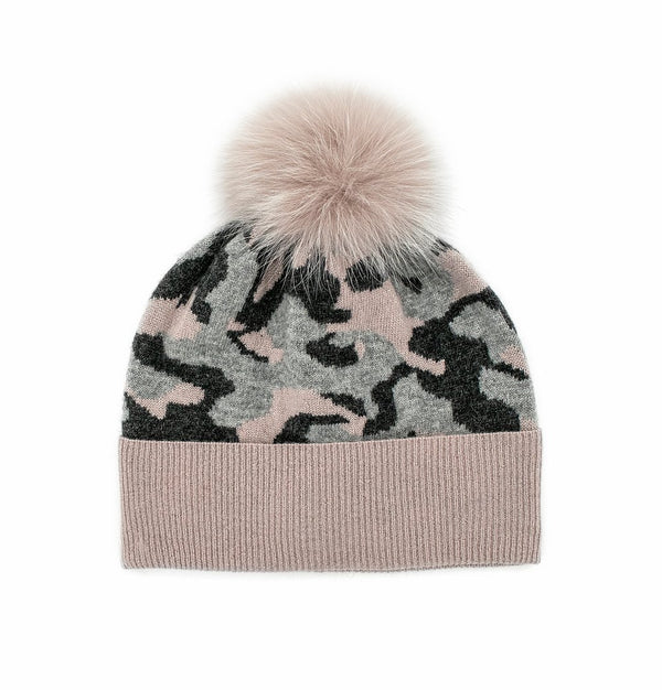 Knitted Camo Lurex Hat With Fox Pom