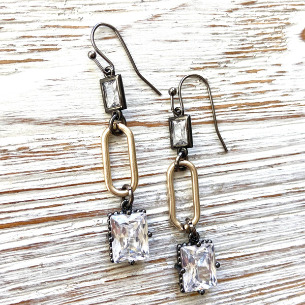 Mixed Metal and Crystal Paperclip Earrings