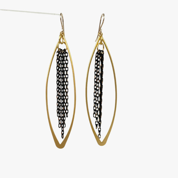 Gold Marquis Elongated Drops With Black Tassel Earrings