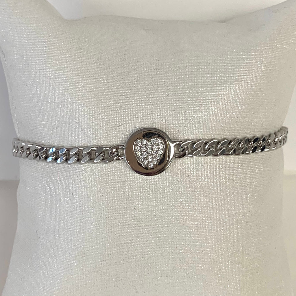 Sterling Or Gold Filled Pave Heart Disc Chain Bracelet