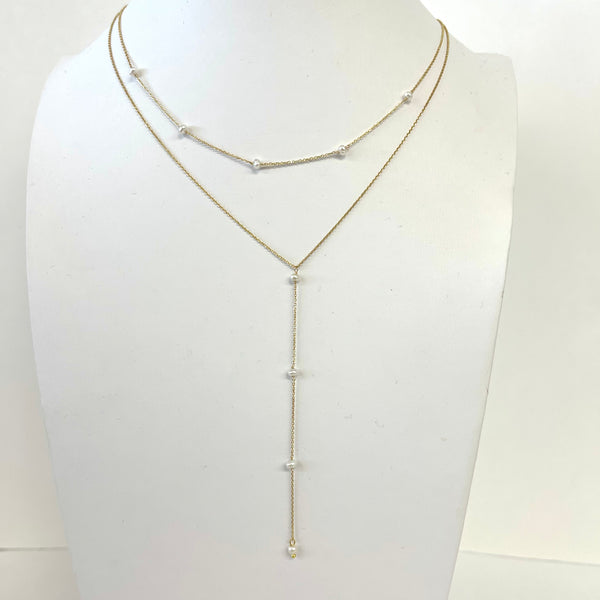 Gold And Pearl Double Strand Y Necklace